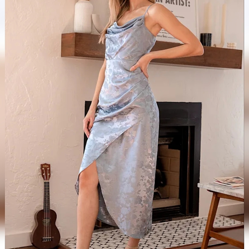 Lulus Simply Stunning Slate Blue Satin Floral Jacquard Midi Dress